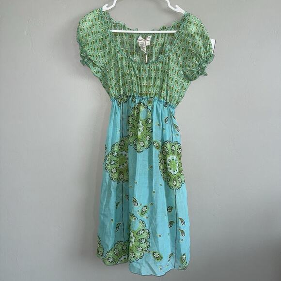 MSSP Green & Blue Floral Boho Peasant Dress Sz S NWT $128 Cotton Silk Blend - Picture 1 of 7